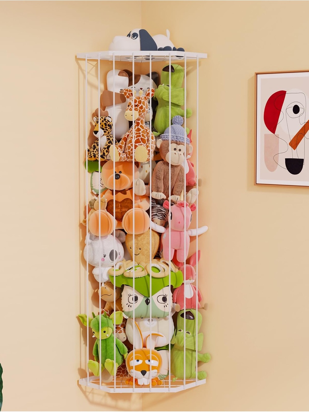 Plush Toy Storage Tower - Assorted Green, Orange, Pink, Brown Plushies